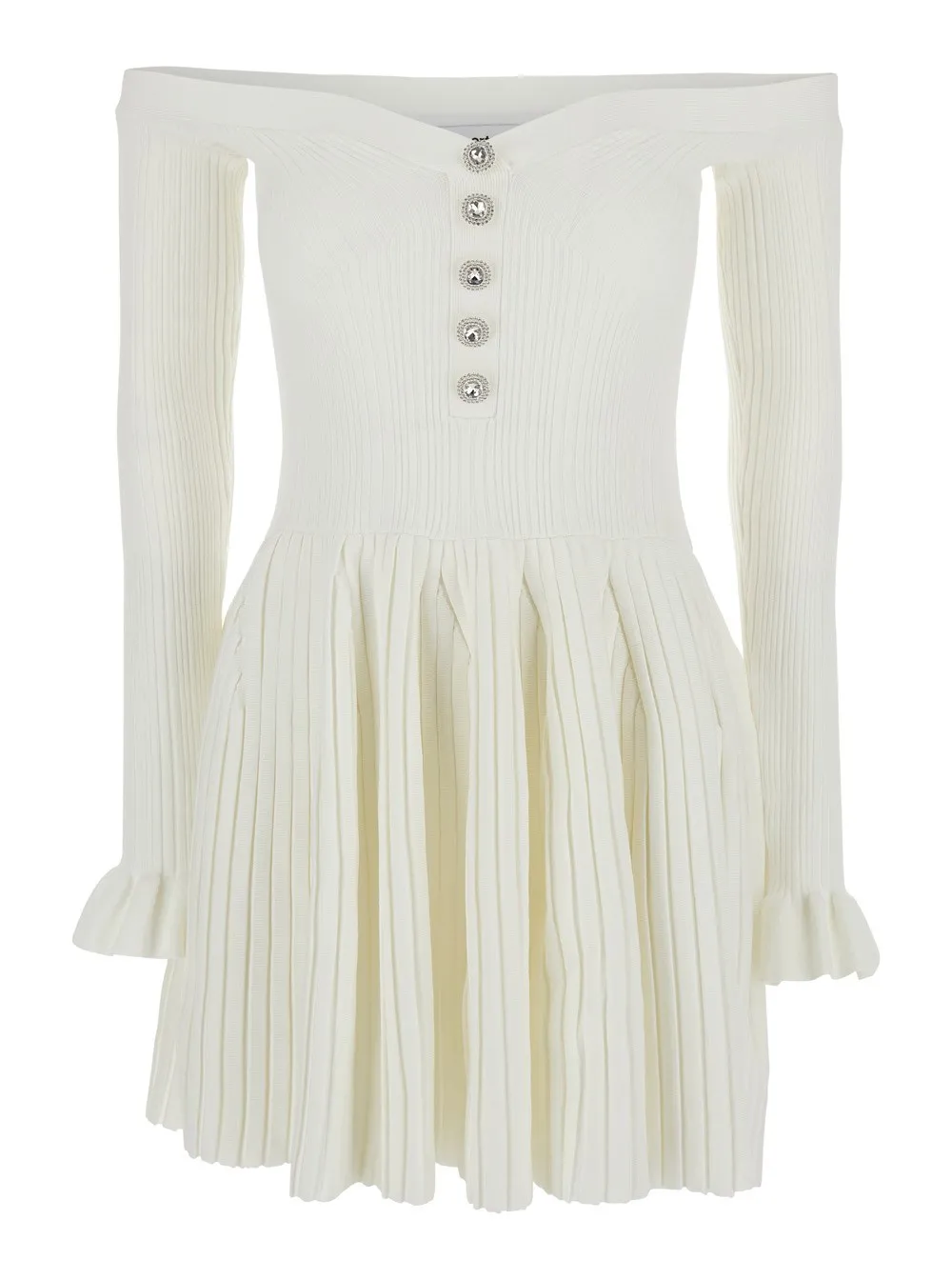 Weißes schulterfreies Minikleid mit All-over Streifenmotiv aus Viskosemischung Stretch Damen