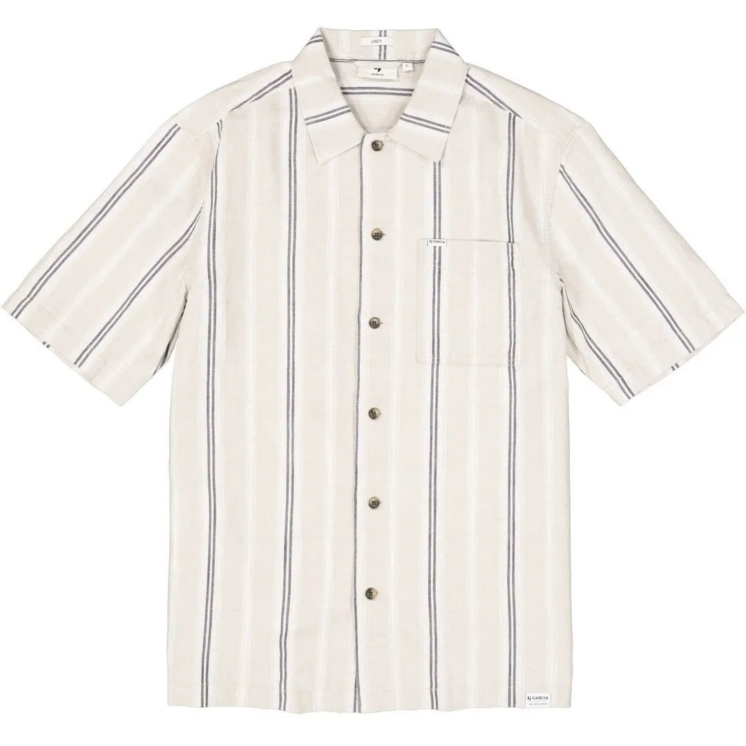 Garcia Herren Leinenhemd kurzarm Regular Fit beige blau gestreift E51301 822 sand
