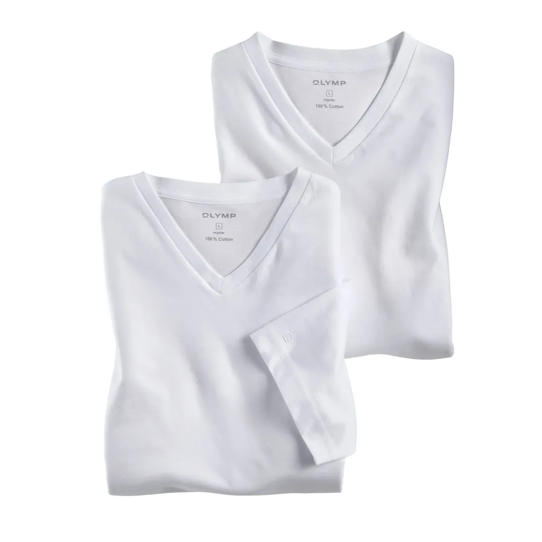 Olymp Herren T-Shirt Shirt kurzarm Doppel Pack V-Ausschnitt weiß Unifarben 0701 12 00