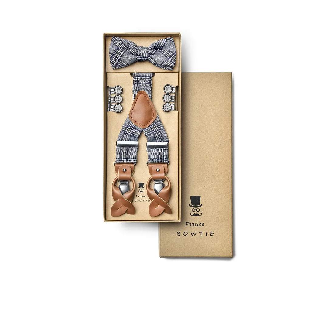 Prince Bowtie Hosenträger Fliege Schleife Set braun blau kariert set88000 fb1