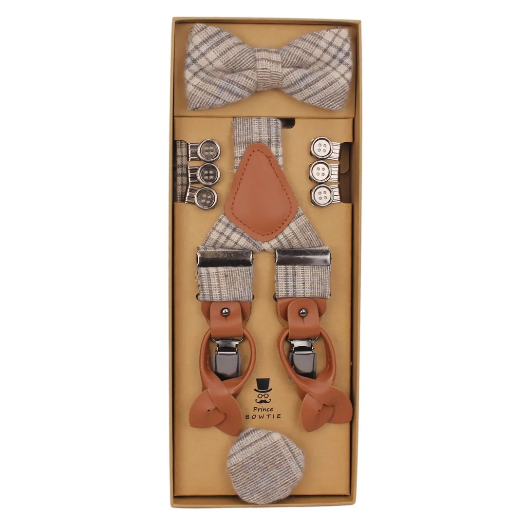 Prince Bowtie Herren Hosenträger Fliege Einstecktuch Set beige blau kariert Set512105 1500