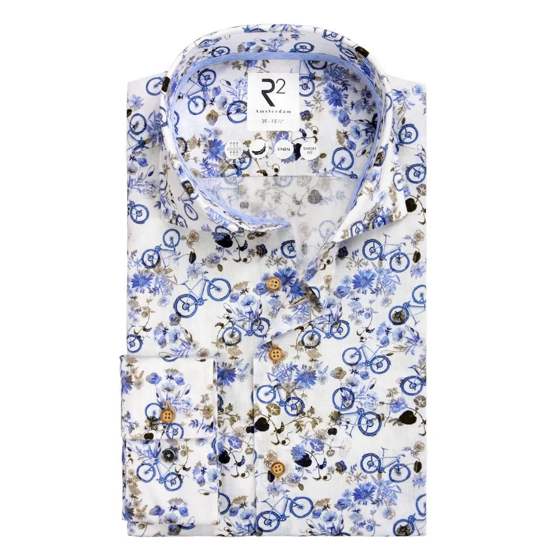 R2 Amsterdam Herren Hemd Modern Fit blau Fahrradprint 124.WSP.011 014