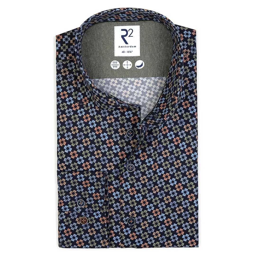 R2 Amsterdam Herren Hemd langarm Modern Fit blau Print 126.WSP.042 010 navy bleu olive terra