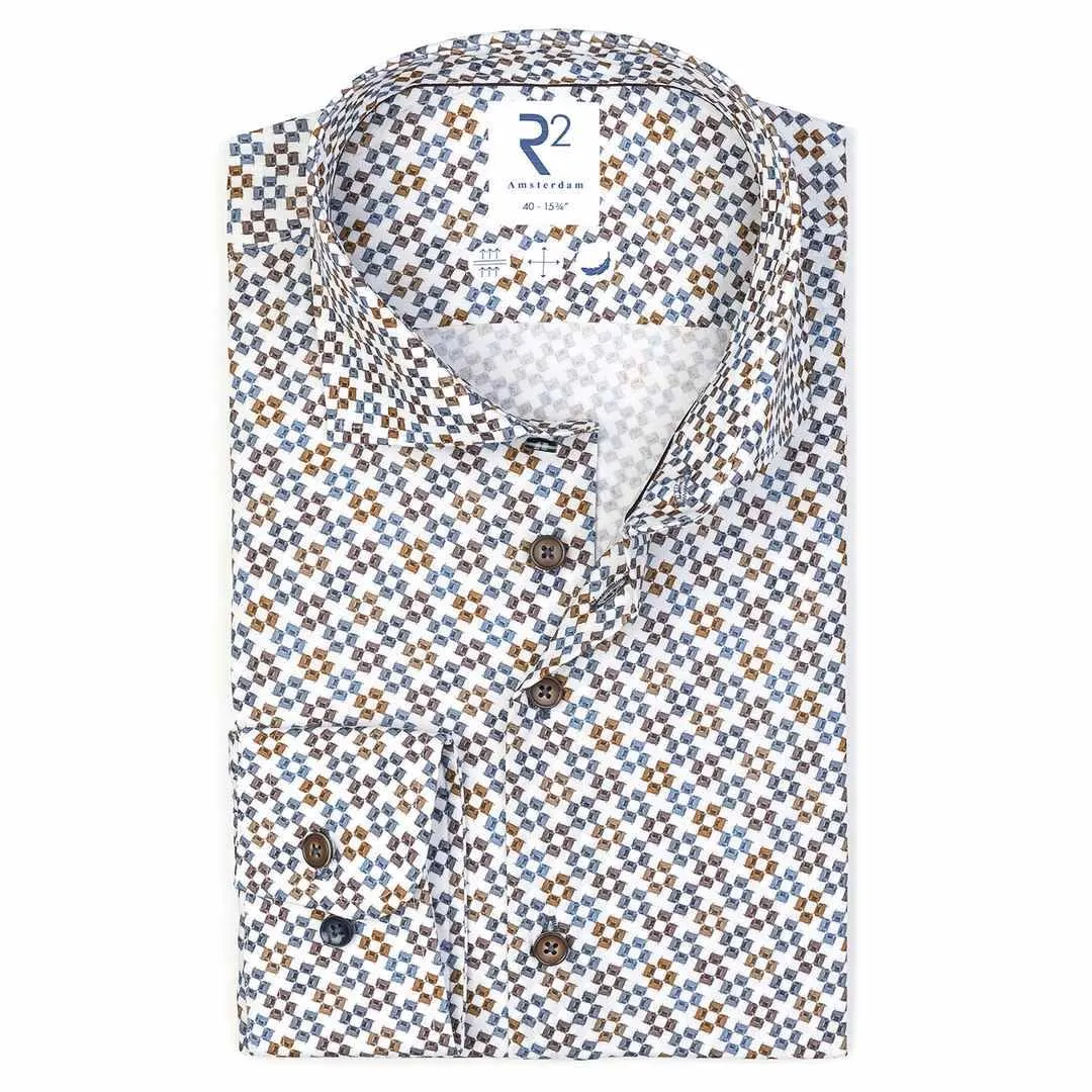 R2 Amsterdam Herren Hemd langarm Modern Fit weiß blau braun Print 126.WSP.042 014