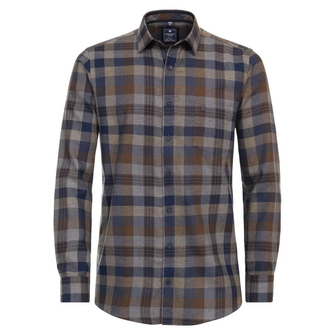 Redmond Herren Hemd langarm Comfort Fit blau braun kariert 242080111 30