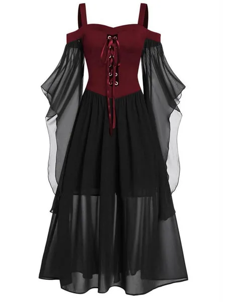 [Große Größen] 1950er Gothic Hexen Vampir Hosenträger Kontrast Farbe Chiffon Strap Kleid