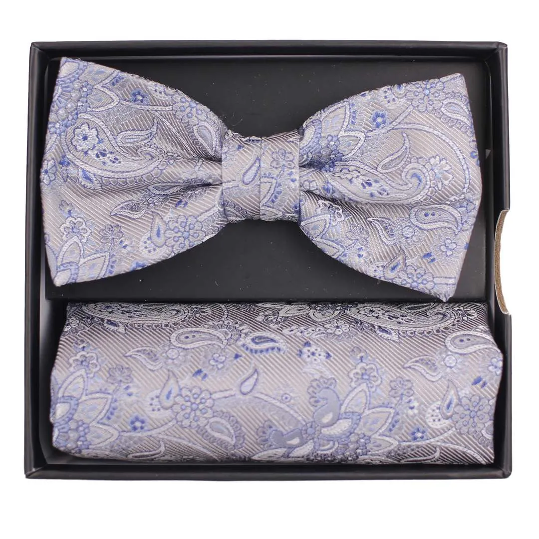 Seidenfalter Herren Fliege Schleife Einstecktuch Set blau grau Paisley ft312061 1500