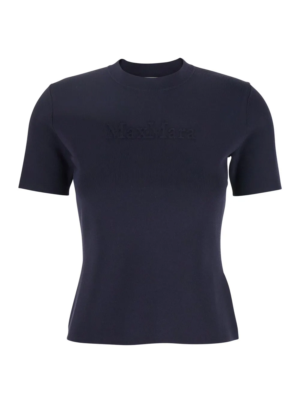 Blaues T-Shirt mit Rundhalsausschnitt und tonalem Logo-Schriftzug vorne aus Viskose-Mischung Damen