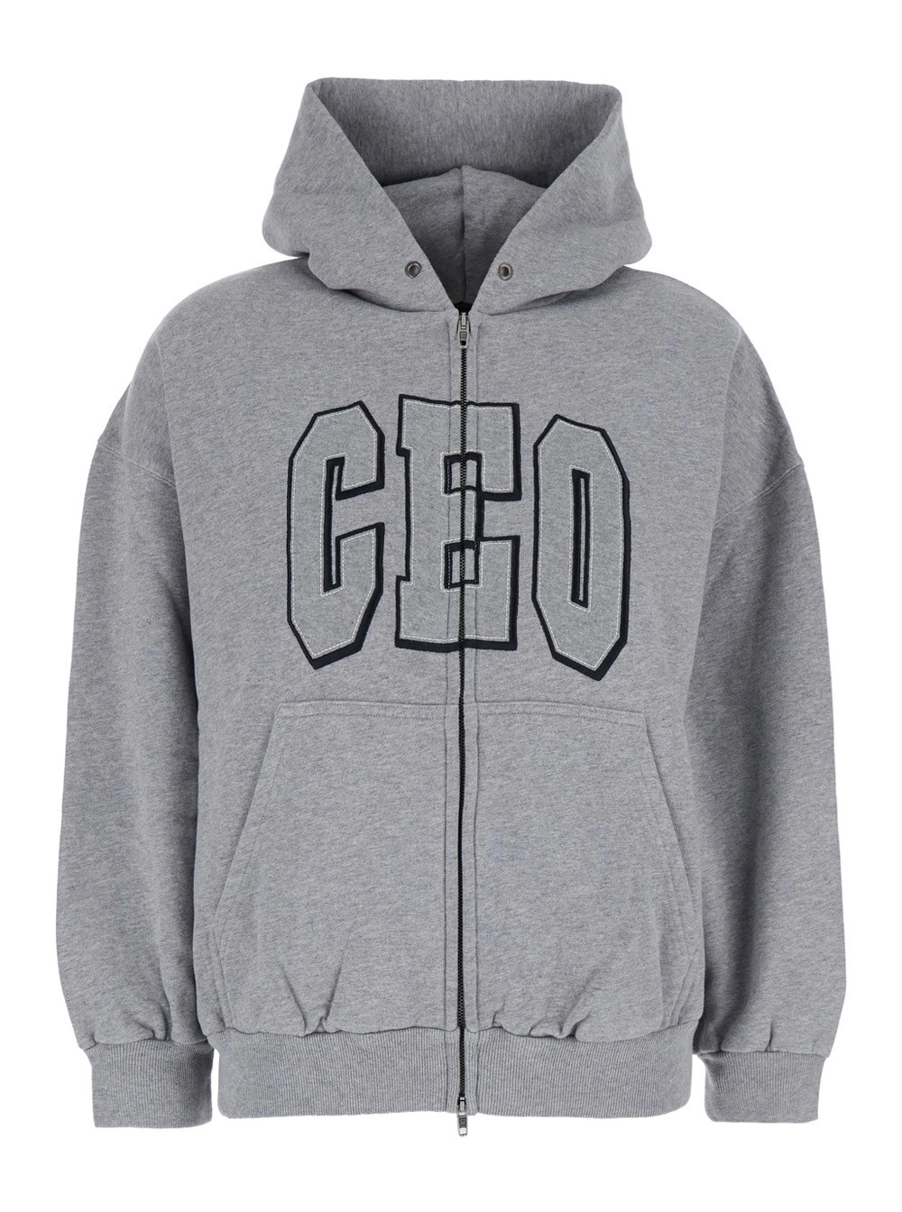 Graues Sweatshirt mit Kapuze mit Kordelzug und Druck vorne aus Baumwolle Damen