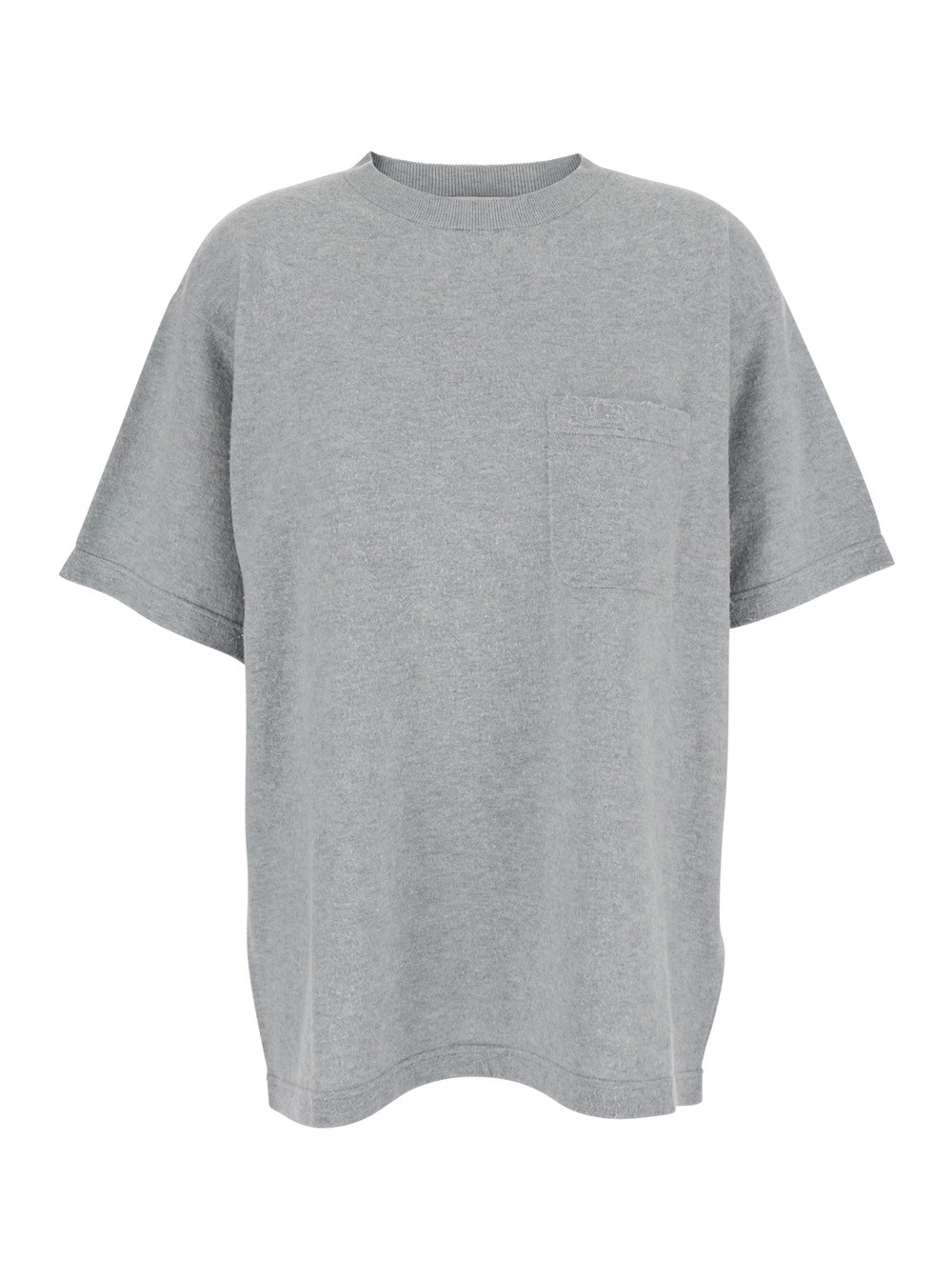 Graues T-Shirt mit Rundhalsausschnitt und aufgesetzter Tasche vorne aus Baumwolle Damen