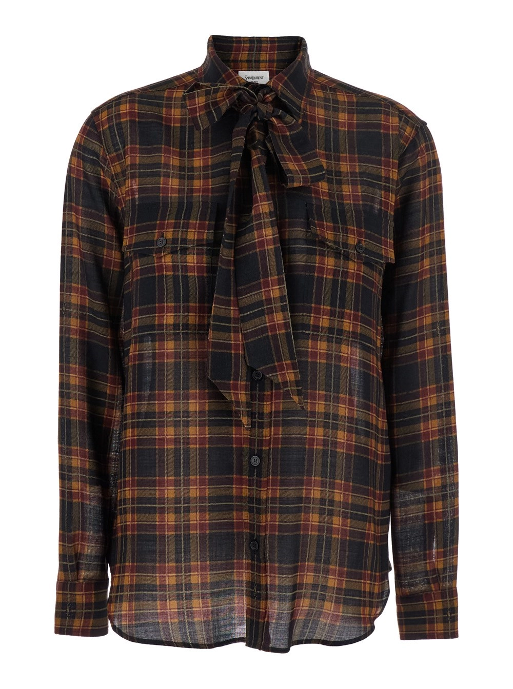 Braunes Hemd mit Schleifenkragen und All-Over-Karomuster aus Wolle Damen