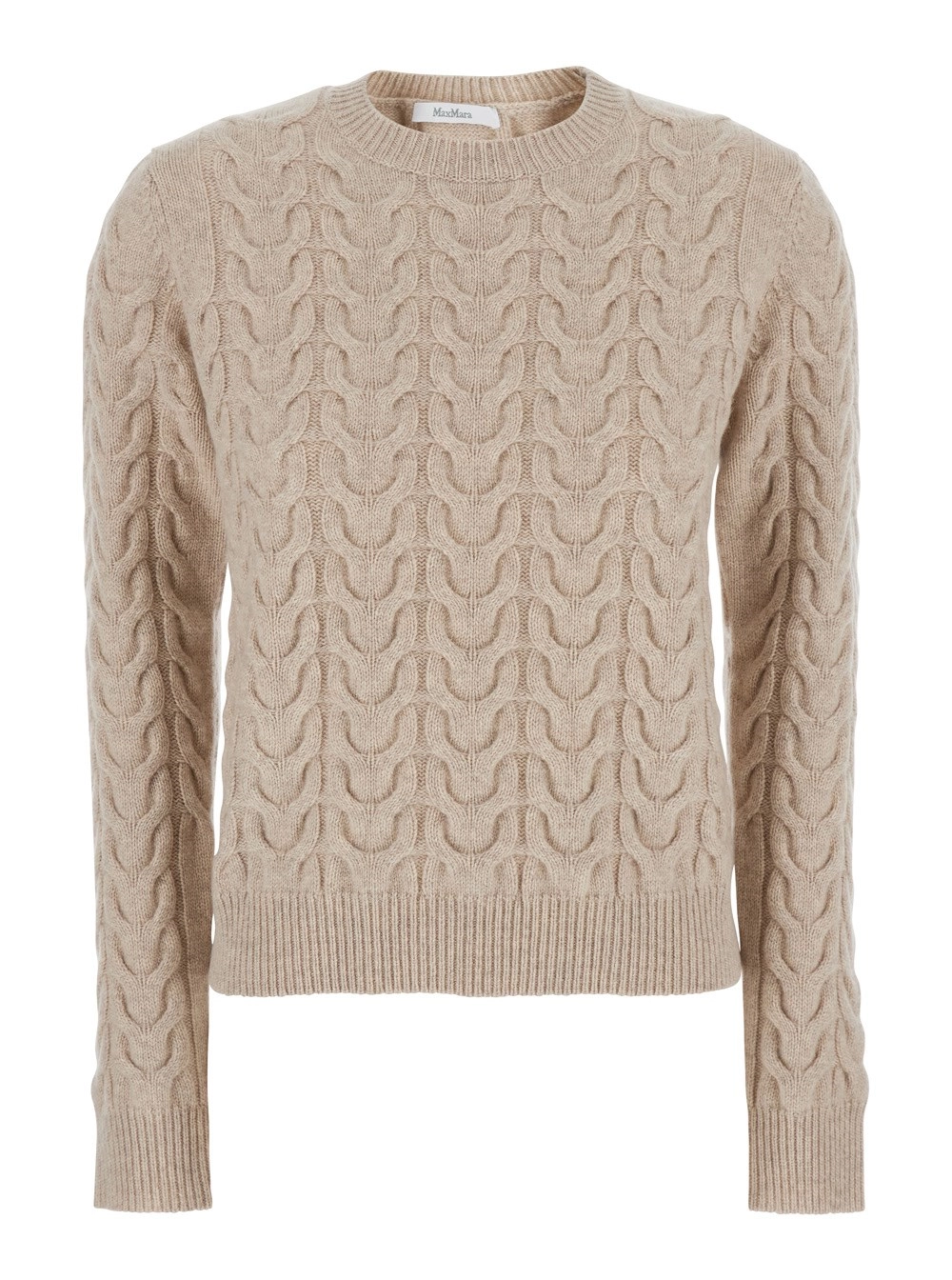 Beigefarbener Pullover mit Rundhalsausschnitt und All-Over-Intarsien aus Kaschmir Damen