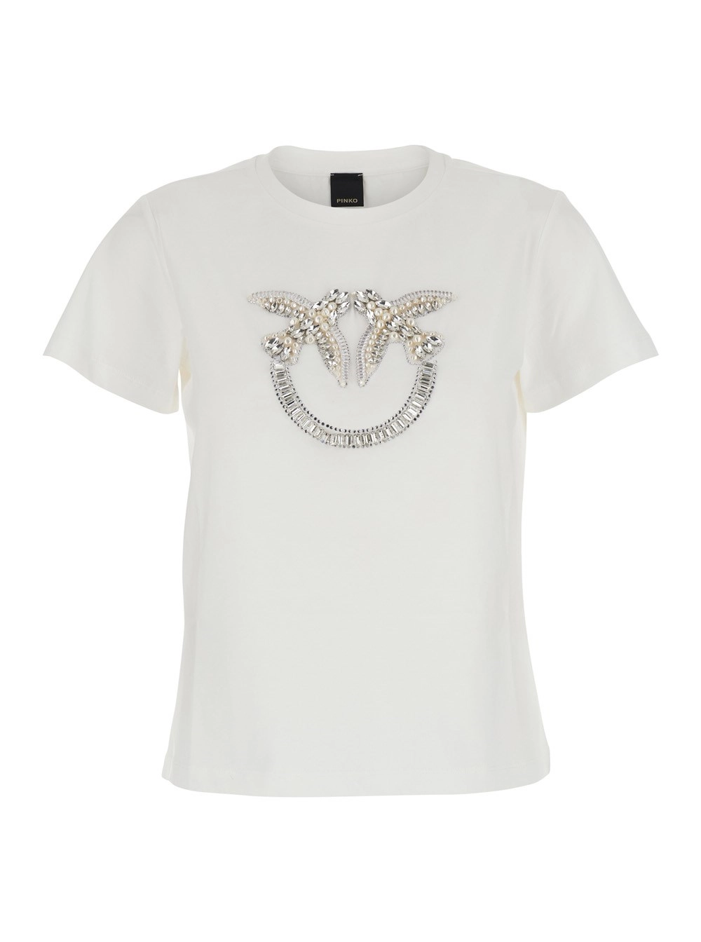 Weißes T-Shirt mit Rundhalsausschnitt und Love Birds-Logo mit Perlen auf der Vorderseite aus Baumwolle Damen