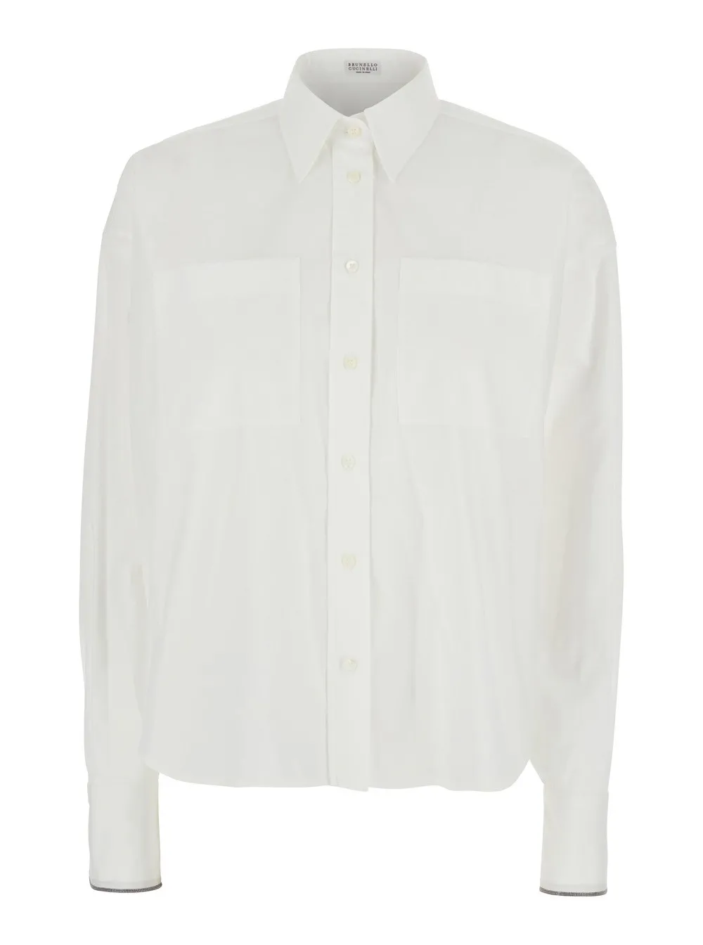 Weißes Hemd mit klassischem Kragen und Vordertaschen aus Baumwolle Damen