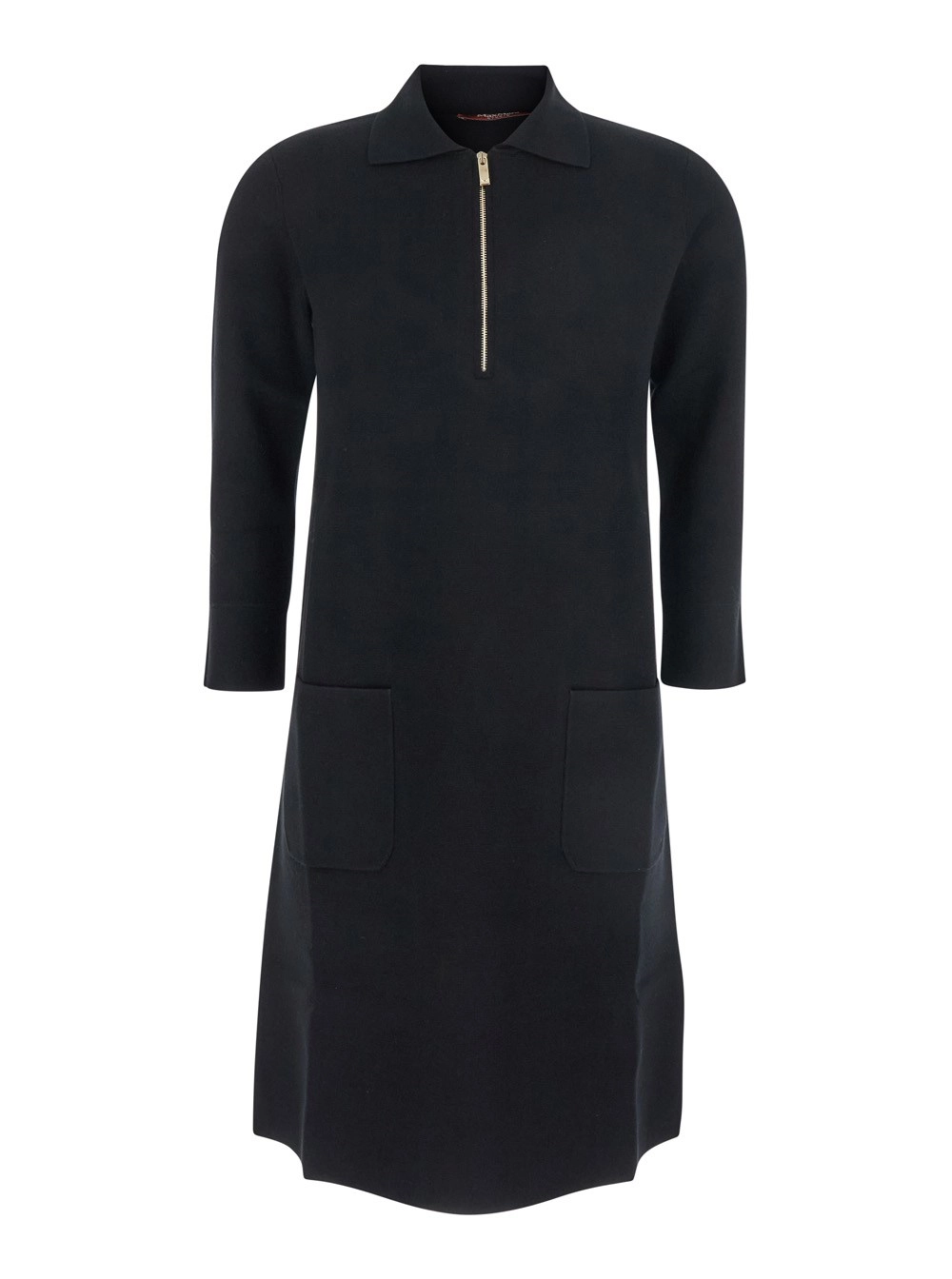 Schwarzes Kleid "Ere" mit Reißverschluss vorne und zwei aufgesetzten Taschen vorne aus Viskosemischung Damen