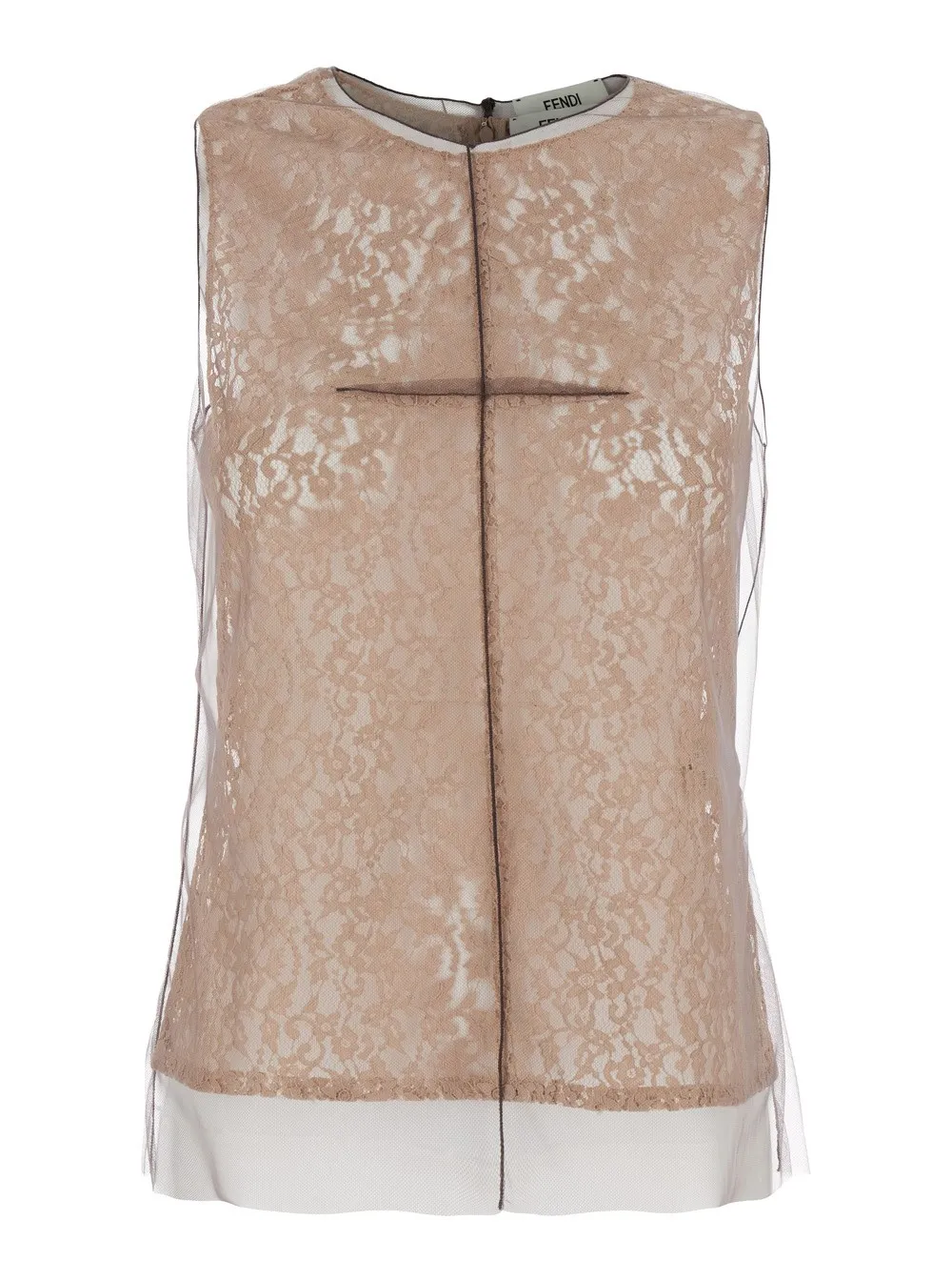 Beigefarbenes ärmelloses Top mit Rundhalsausschnitt und All-Over Blumenstickerei aus Spitze Damen