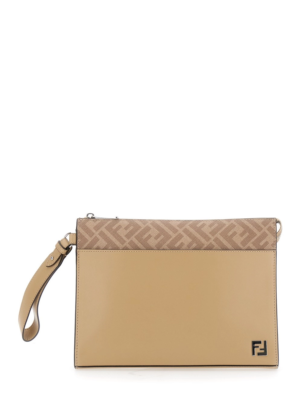 Beigefarbenes Kleid mit FF-Motiv und FF-Logoplakette aus Leder Herren