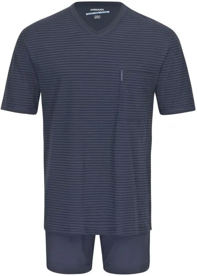 AMMANN Schlafanzug kurz, V-Ausschnitt, Brusttasche, dunkelblau gestreift