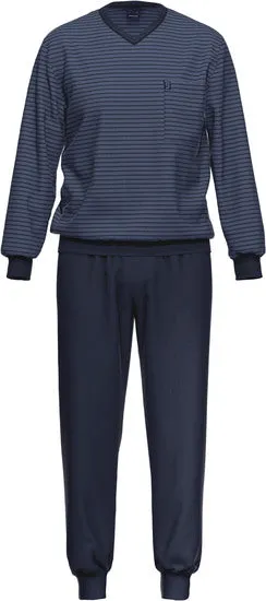 AMMANN Schlafanzug lang, V-Ausschnitt, Brusttasche, blau