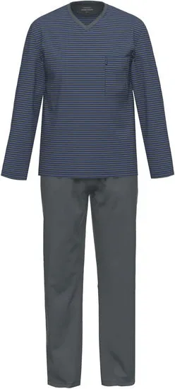 AMMANN Schlafanzug lang, V-Ausschnitt, Brusttasche, dunkelblau gestreift