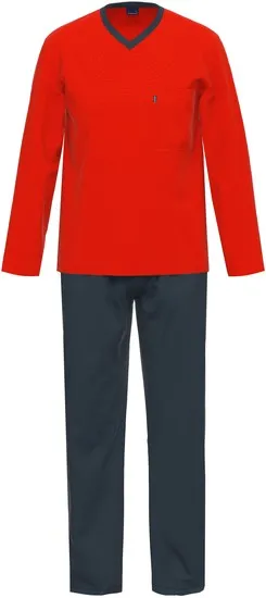 AMMANN Schlafanzug lang, V-Ausschnitt, Brusttasche, rot