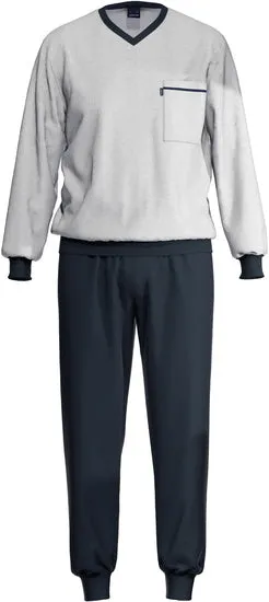 AMMANN Schlafanzug lang, V-Ausschnitt, Tasche, dunkelblau hell