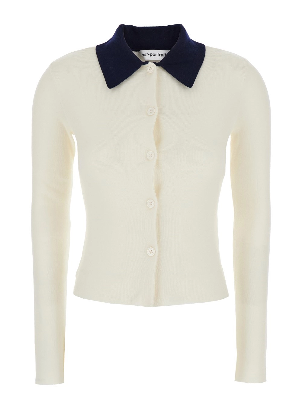 Weißer Cropped-Cardigan mit kontrastierendem Kragen und farblich abgestimmtem Knopfverschluss aus Wolle Damen