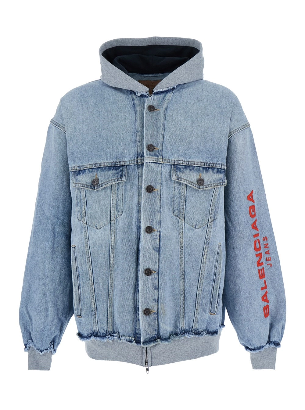 Hellblaue Jacke mit fester Kapuze und Maxi-Logoschriftzug am Ärmel aus Denim Herren