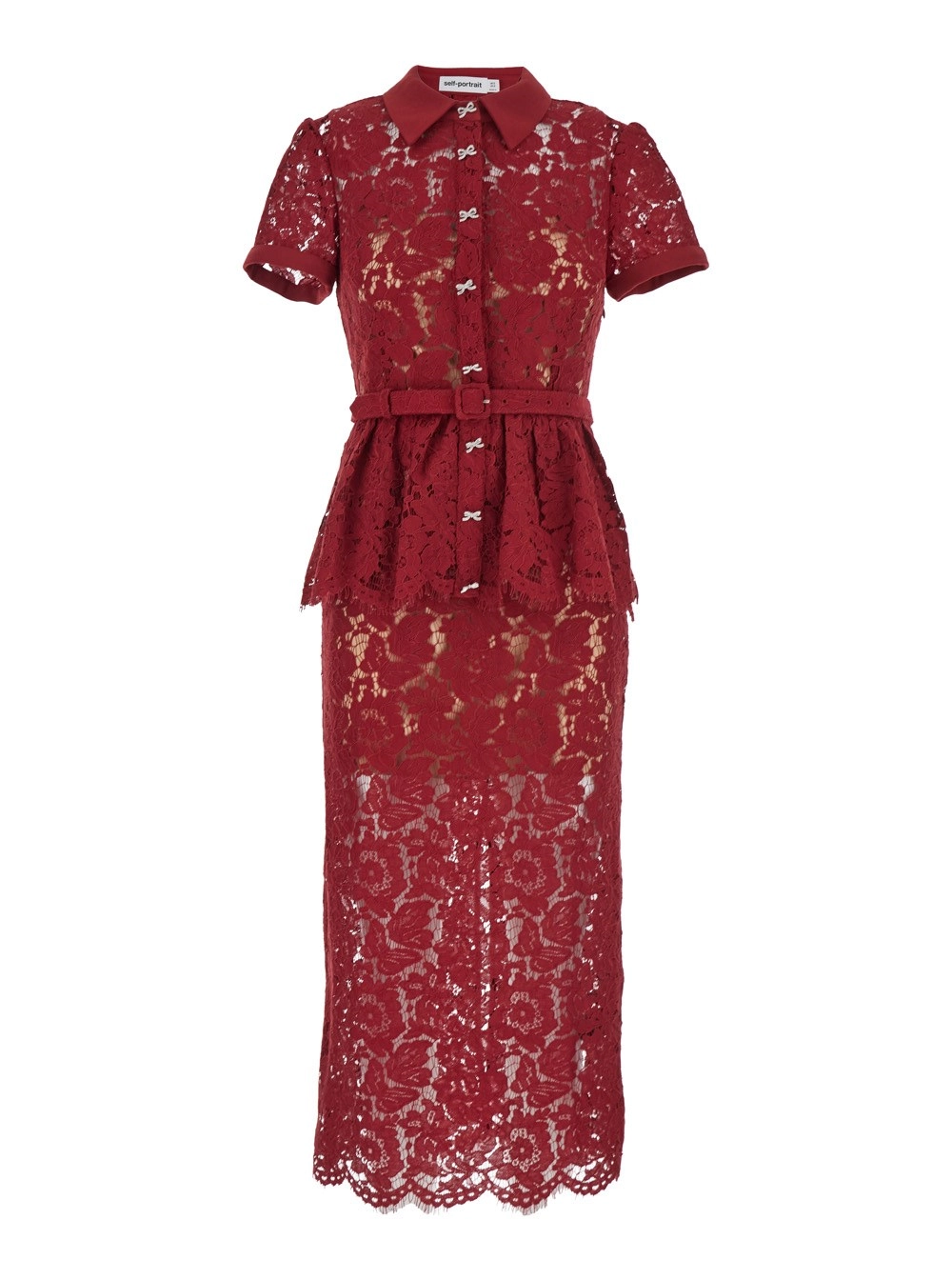 Rotes Midi-Kleid mit Kristallverzierungen und All-Over Blumenstickerei aus Baumwollmischung Damen