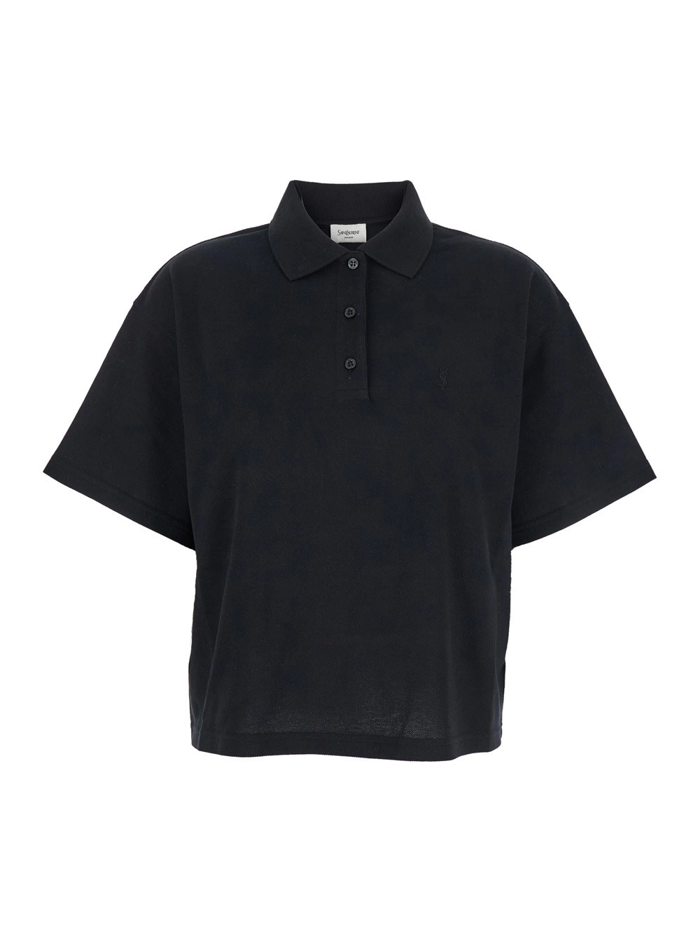 Schwarzes Oversize-Polohemd mit klassischem Kragen und tonaler Logo-Stickerei vorne aus Baumwoll-Piquet Damen