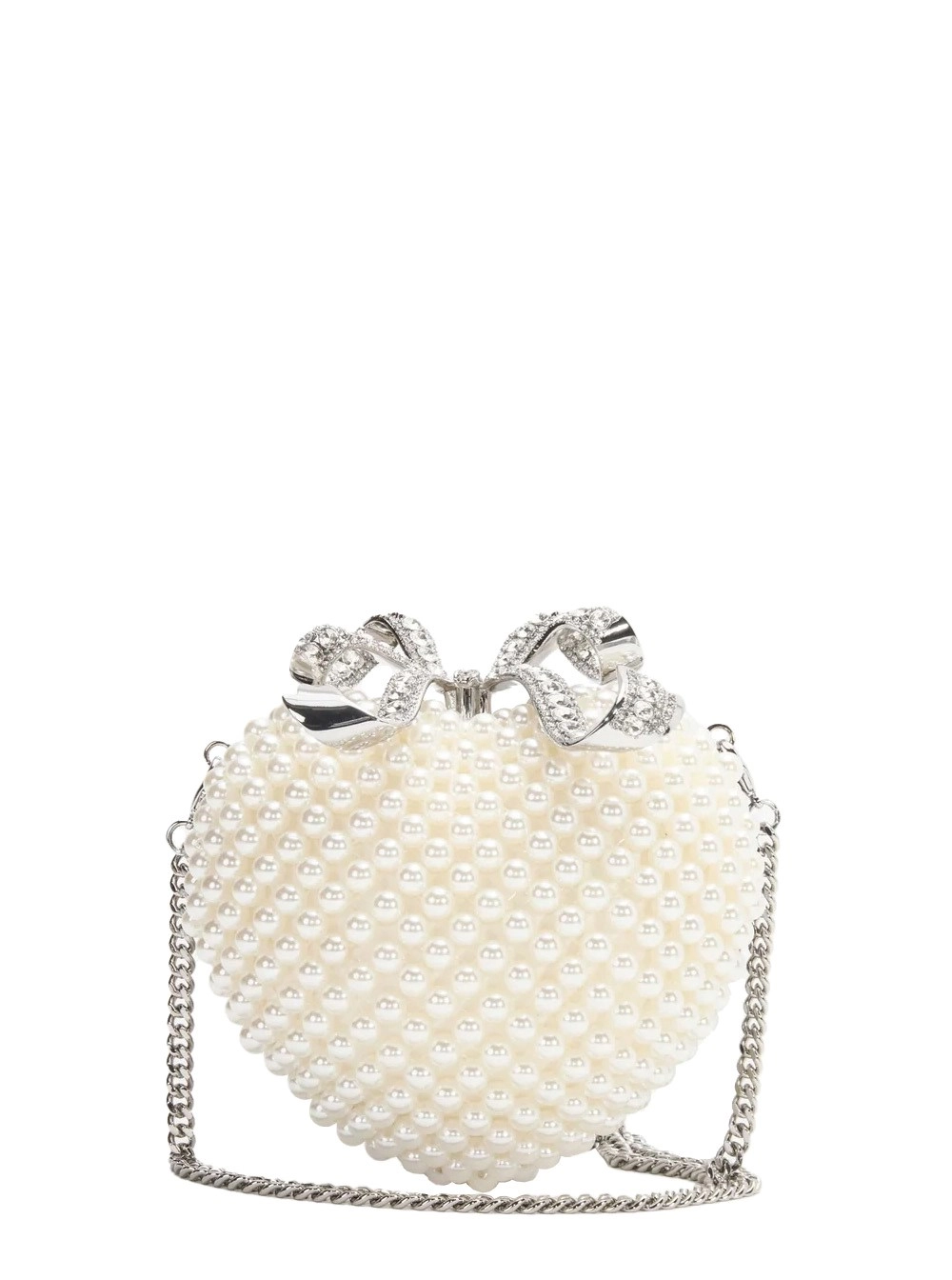 Weiße herzförmige Clutch mit Perlenverzierungen und Schleifendetail aus technischem Stoff Damen