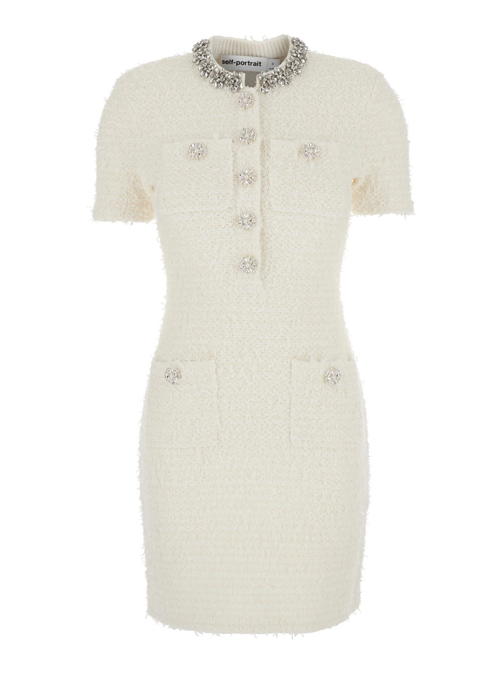 Weißes Minikleid mit Rundhalsausschnitt, Kristallverzierungen am Kragen und Schmuckknöpfen aus Baumwollmischung Damen