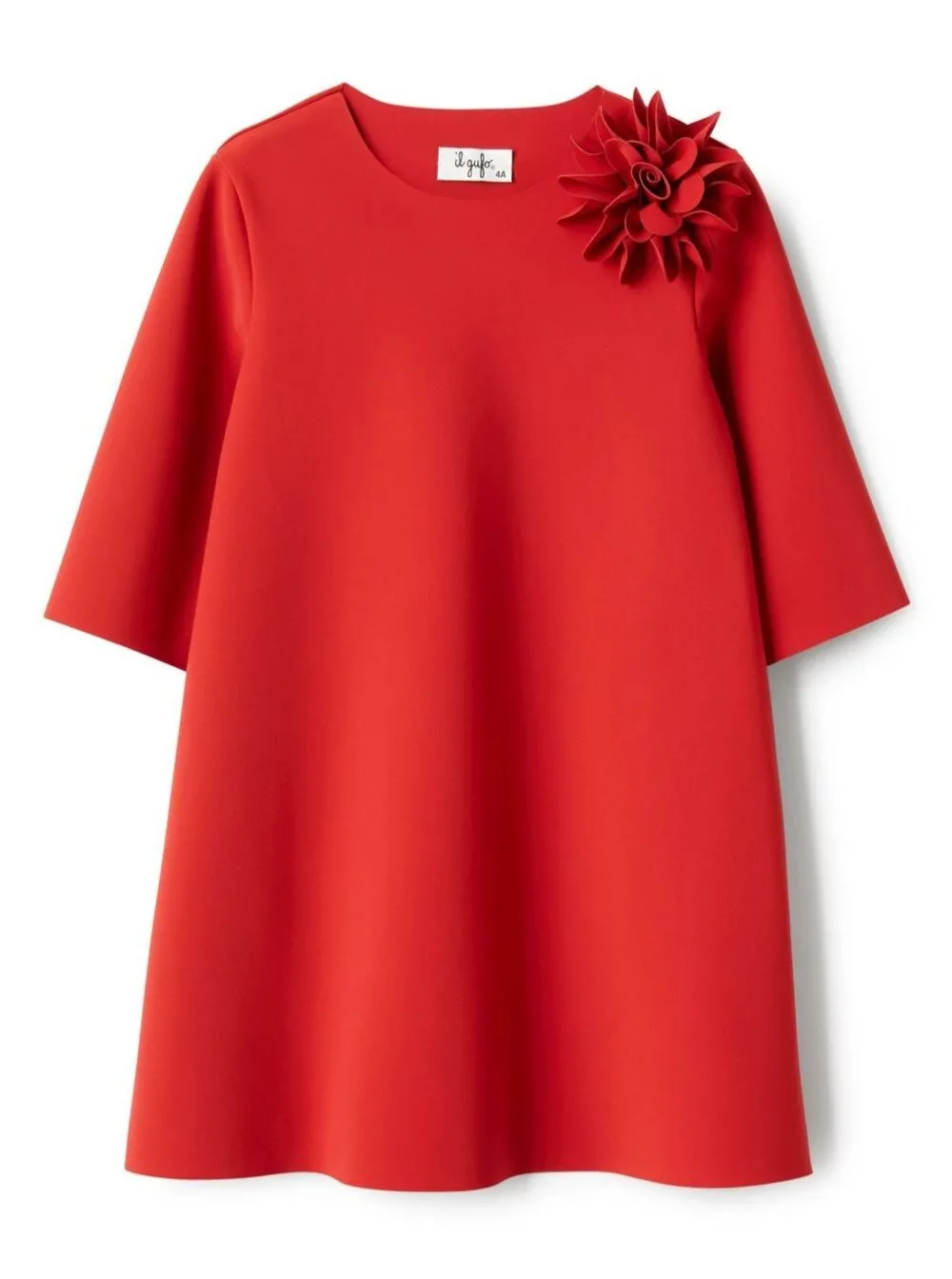 Rotes Kleid mit Blume auf der Vorderseite aus Stoff Mädchen