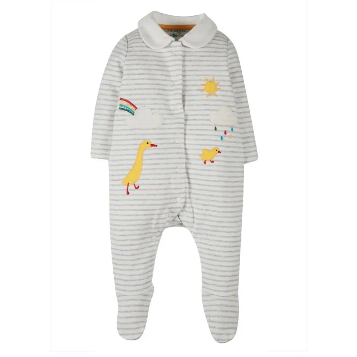 Frugi Babystrampler mit Kragen Grey Marl Stripe/Ducks