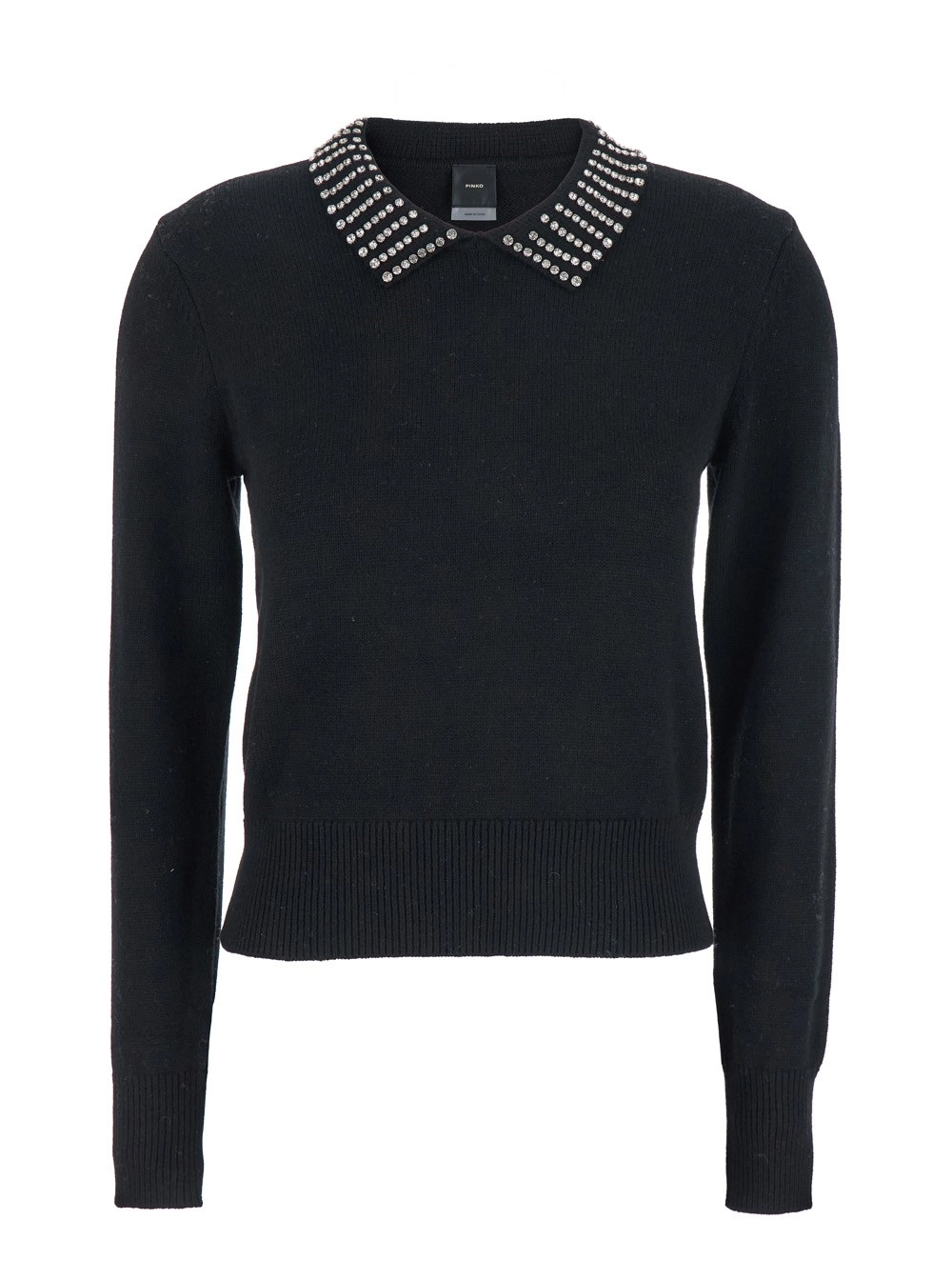Schwarzes Polohemd mit kristallverziertem Kragen und Logoaufnäher auf der Rückseite aus Kaschmir Damen
