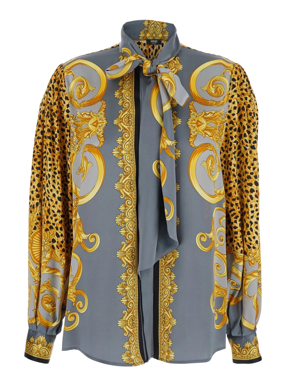 Mehrfarbiges Hemd mit Schleifenkragen und Leopardenmotiv aus Seide Damen