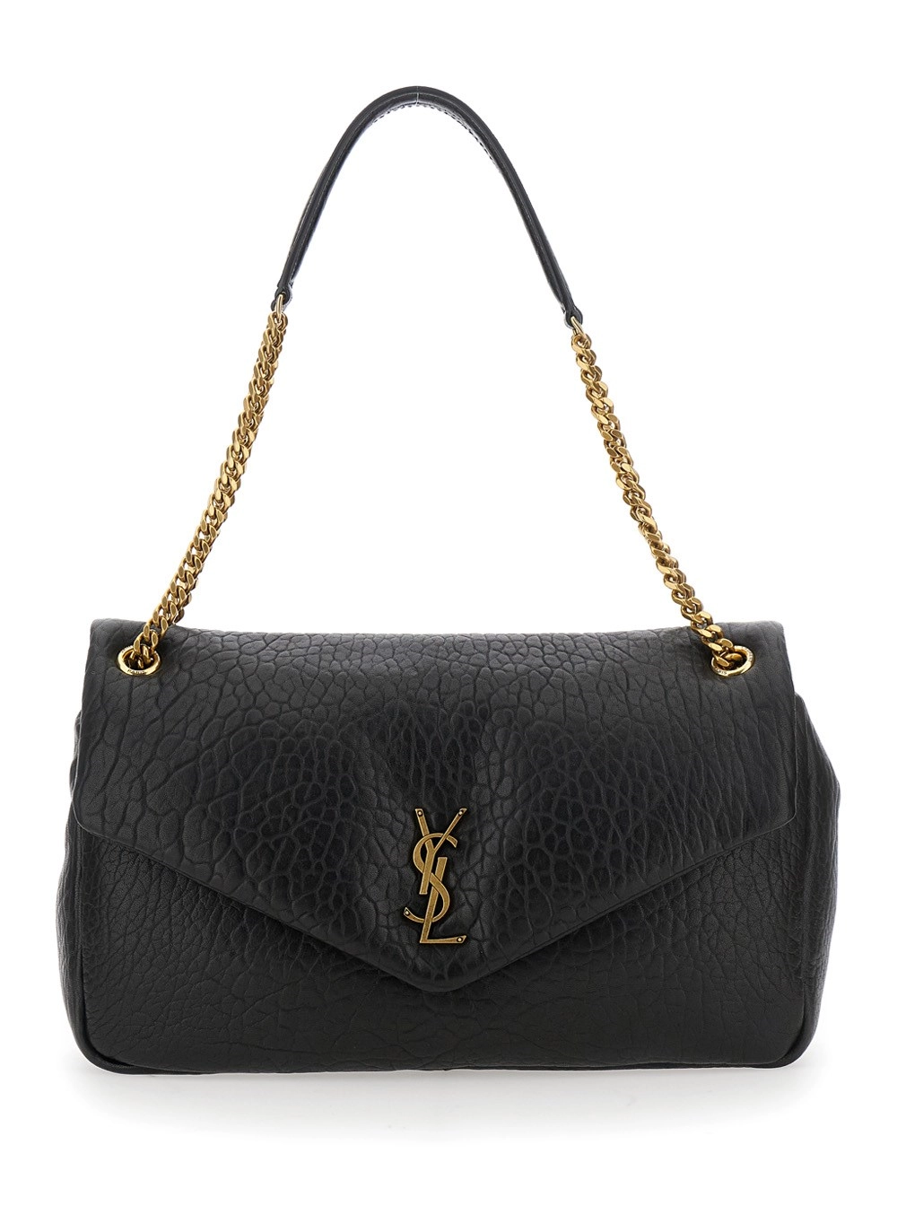 Umhängetasche für Damen aus gehämmertem Leder in Schwarz mit metallischem Cassandre vorne