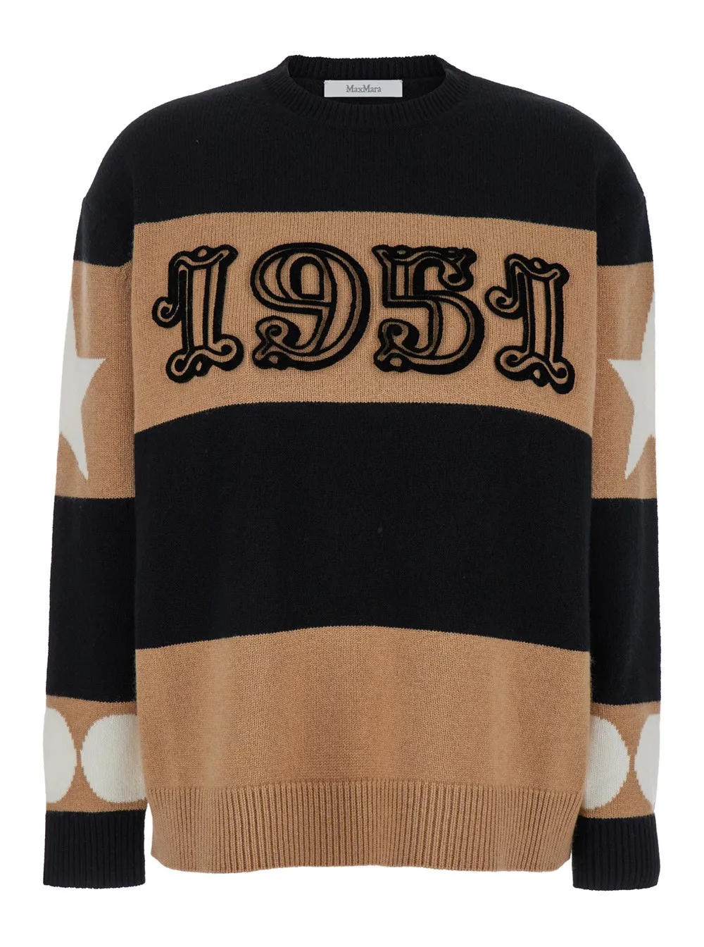 Beige-schwarzer Pullover mit 1951-Druck aus Wolle und Kaschmir Damen