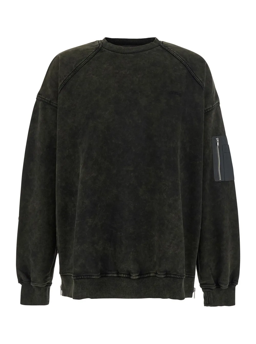 Khakigrüner Pullover mit Rundhalsausschnitt und Reißverschlusstasche am Ärmel aus Baumwolle Herren