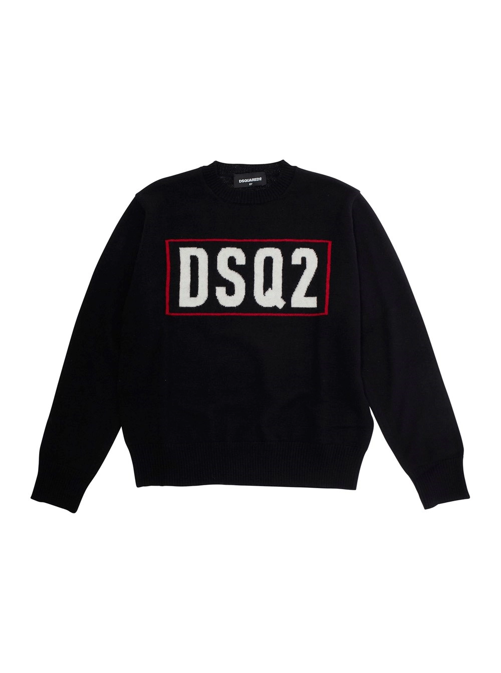 Schwarzer Pullover mit Rundhalsausschnitt und Logoschriftzug vorne aus Wolle Jungen