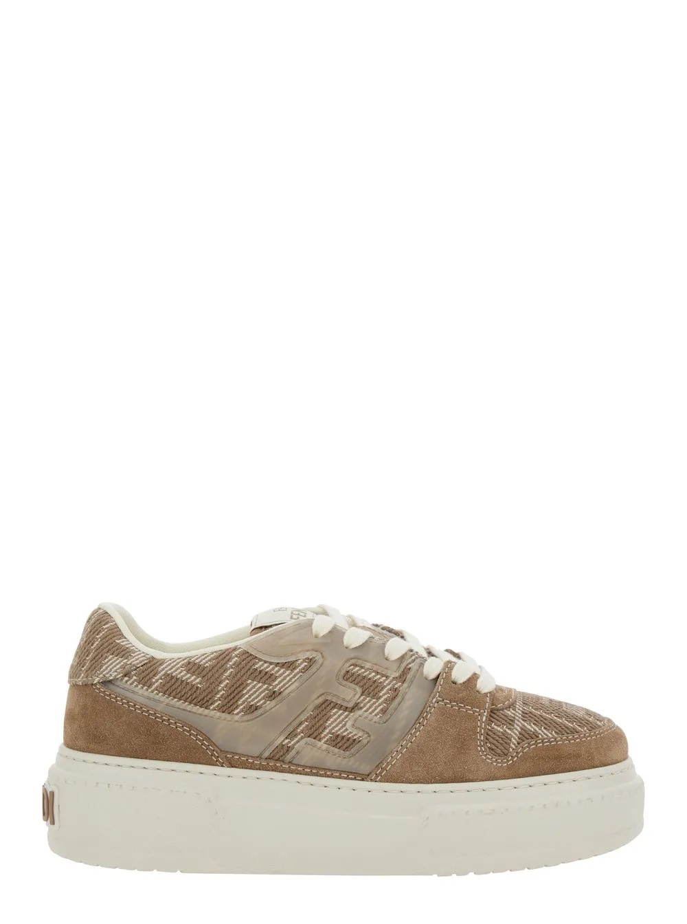 Beige Sneakers "Match" mit All-Over-FF-Motiv und Plateau aus Leder und Stoff Damen