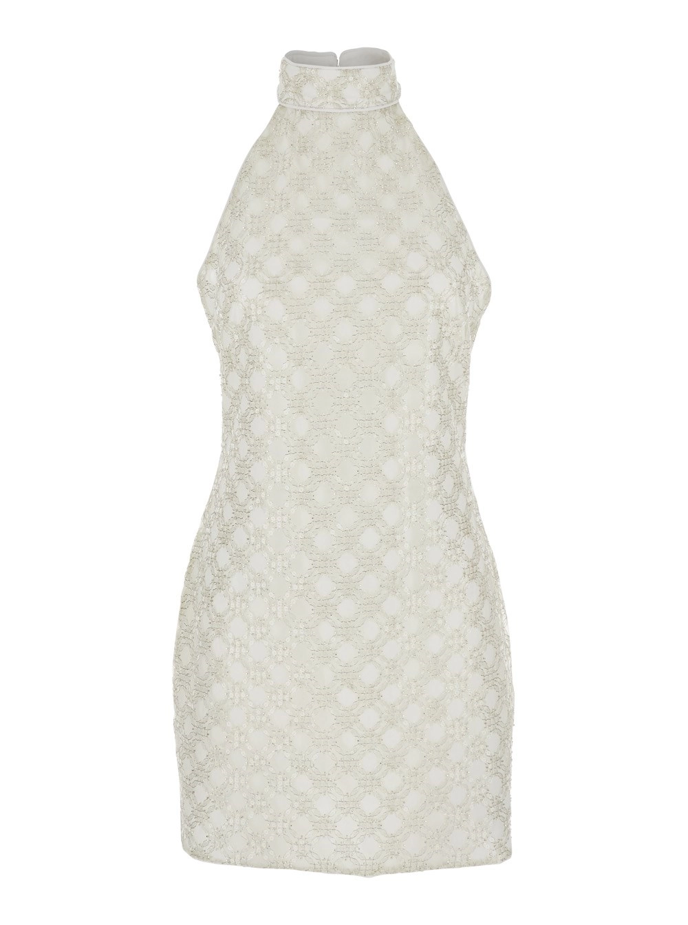 Weißes ärmelloses Neckholder-Kleid mit Pailletten aus technischem Stoff Damen