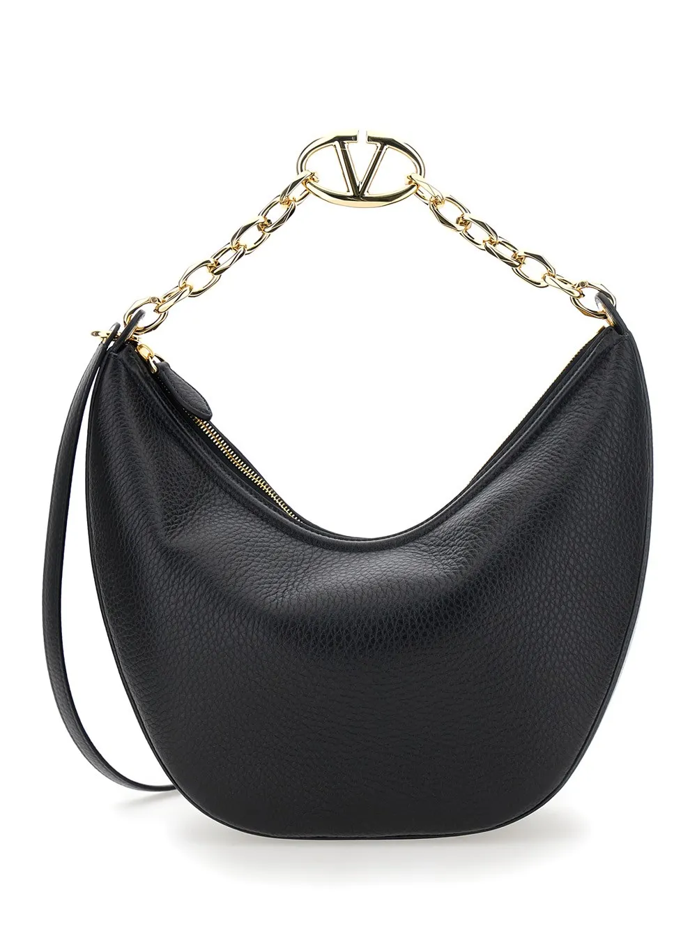 Schwarze Umhängetasche mit VLogo und doppeltem Schulterriemen aus Leder Damen