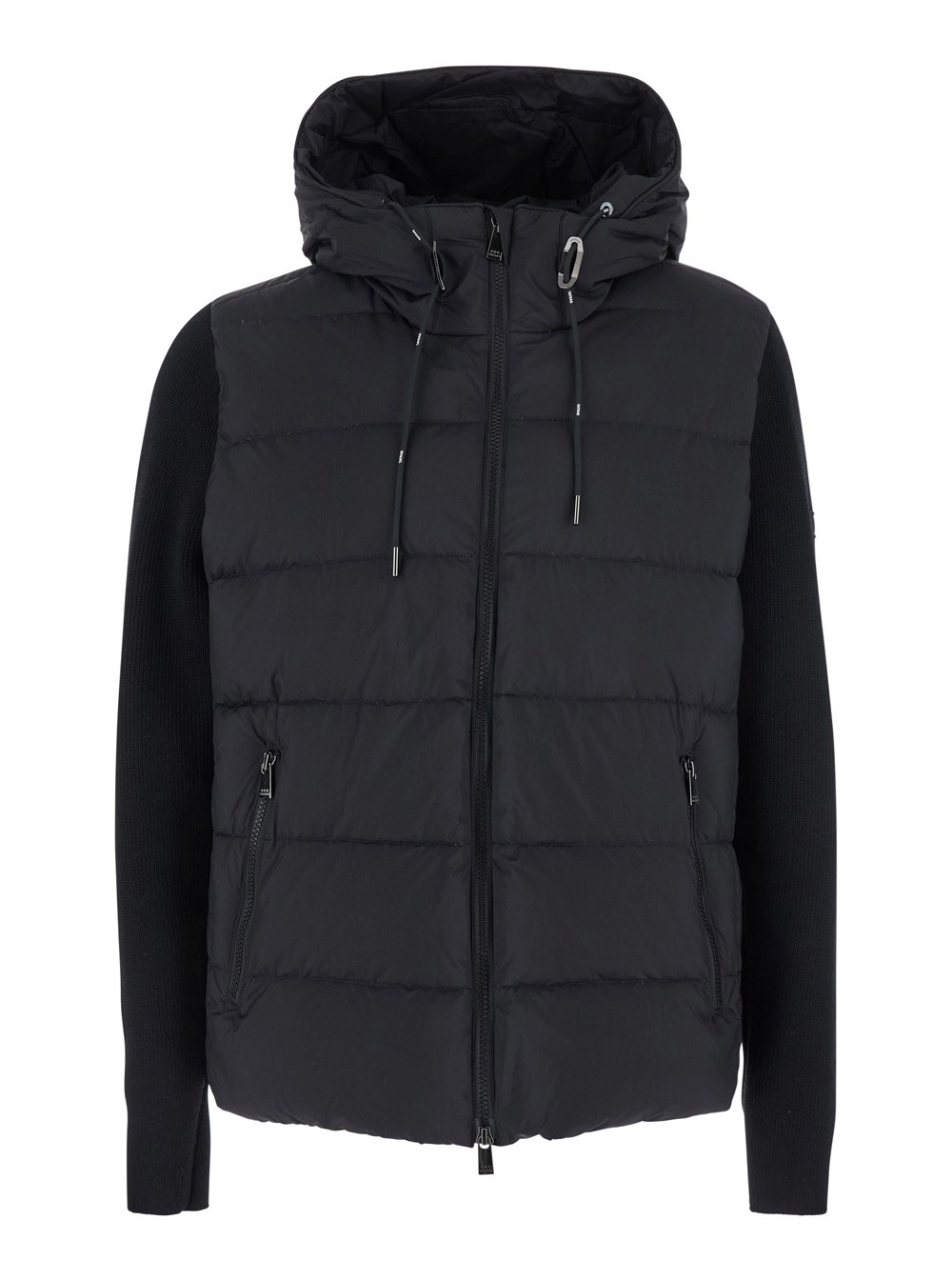 Daunenjacke "Keitie" für Herren aus Tech-Stoff in Schwarz mit Kapuze mit Kordelzug und Logoaufnäher an der Seite