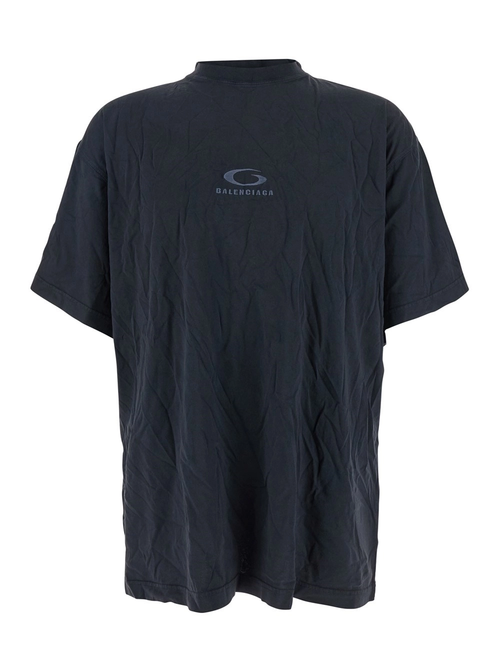 Dunkelgraues T-Shirt mit Rundhalsausschnitt, Logodruck vorne und zerknittertem Design aus Baumwolle Herren