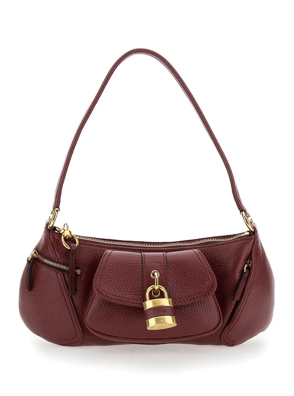 Umhängetasche "The 99" für Damen aus gehämmertem Leder in Bordeaux mit Vorhängeschloss