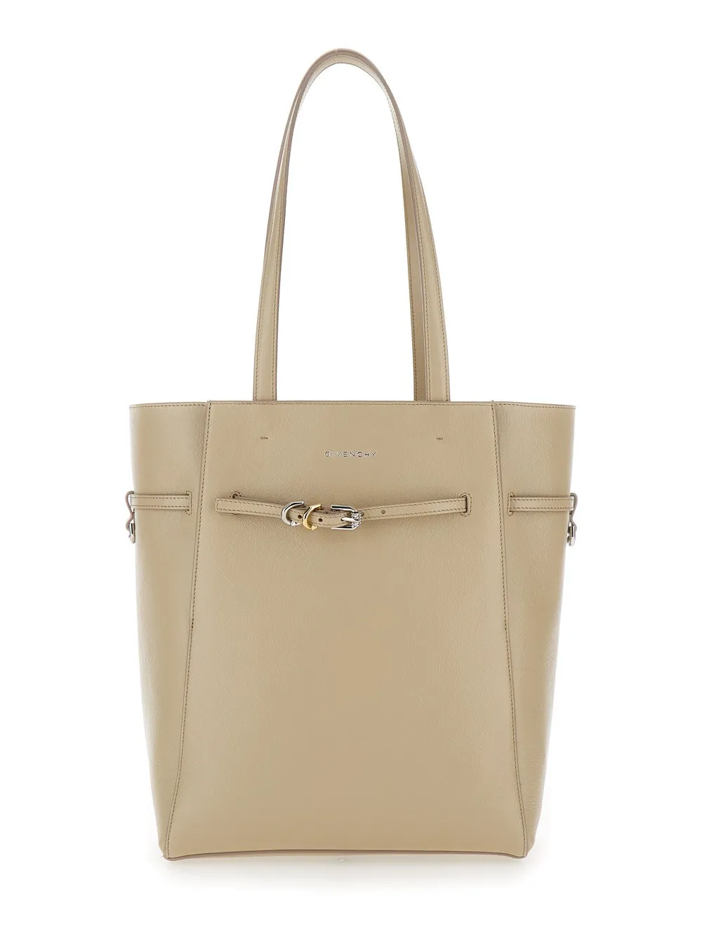 Beigefarbene Tote Bag "Voyou Small" mit geprägtem Logo aus gehämmertem Leder Damen