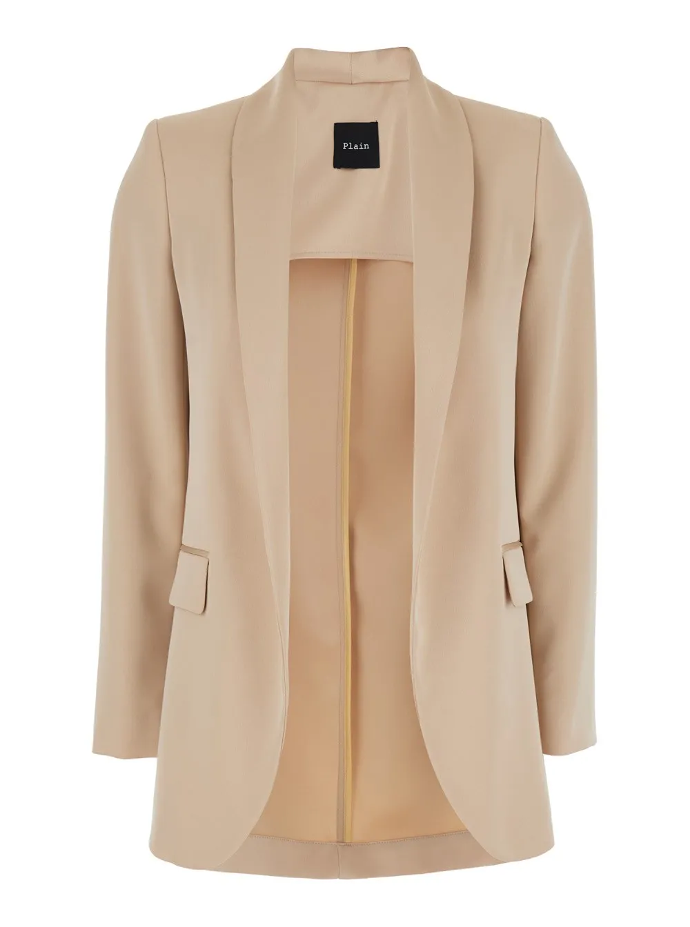 Beigefarbene offene Jacke mit Schalkragen aus Satinstoff Damen