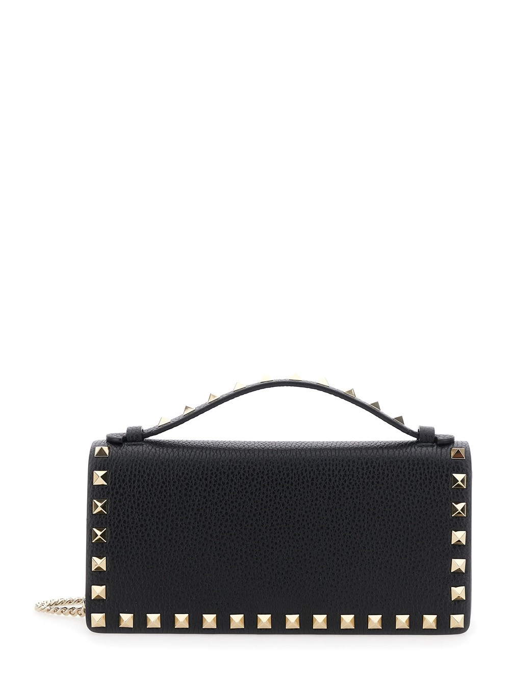 Schwarze Clutch mit Kettenglied-Schulterriemen und Rockstud-Verzierungen aus genarbtem Leder Damen