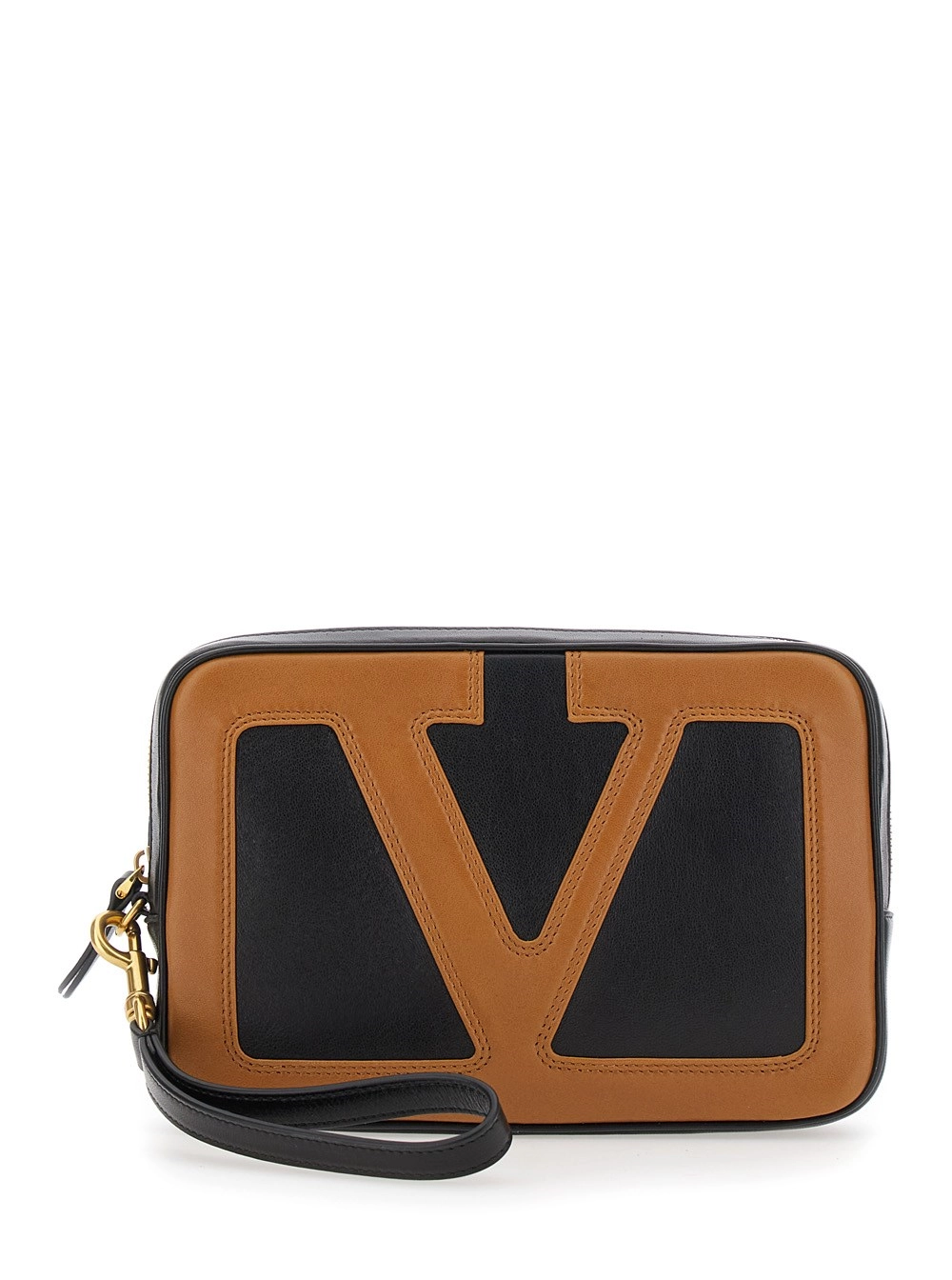 Schwarze Clutch "Viva Superstar" mit abnehmbarer Handschlaufe und Maxi-VLogo vorne aus Leder Herren